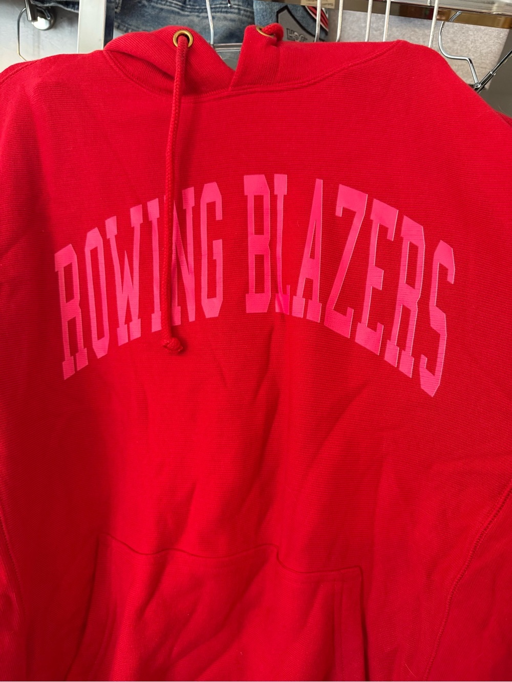 Rowing Blazers Unisex Collegiate Red Pullover Hoodie with Pink Label